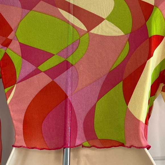Y2K Pucci Inspired Sheer Mesh Vibrant Psychedelic Print Top Shirt Crop Size M - Picture 9 of 14